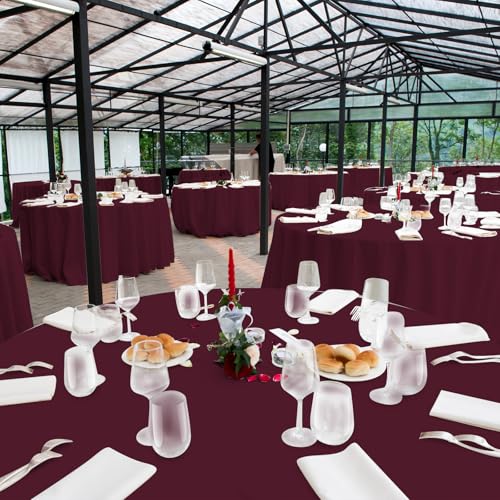 Image of 16 Pack Maroon Plastic Tablecloth for Round Tables, Premium Decorative Burgundy Disposable Table Cloths for Parties, Maroon Round Party Table Cover for Birthday Anniversary Graduation, 84 Inch