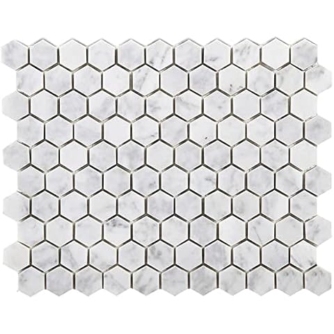 Diflart Carrara Italian White Bianco Carrera Hexagon Marble Mosaic Tile 1 Inch Glossy Backsplash Tiles for Kitchen Bathroom Wall Floor Pack of 5 Sheets Cover