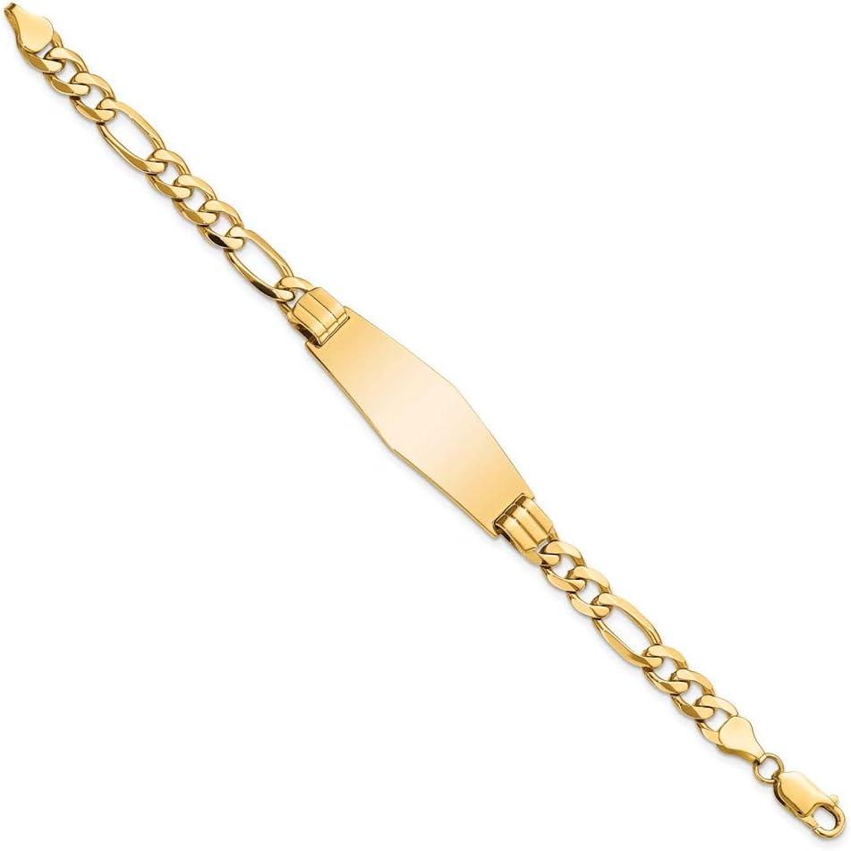 Engravable Personalized Custom 14K Yellow Gold Flat Figaro Link Soft Diamond Shape ID Bracelet For Men or Women Length 7 inches Width 13.5 mm