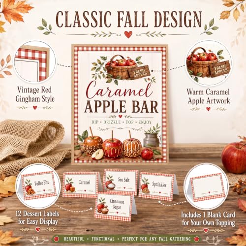 Image of Marspark 14 Pcs Caramel Apple Dipping Bar Station Decorating Set for DIY Candy Apple Corners Fall Dessert Table Sign with Stand and Cards for Fall Autumn Thanksgiving Table Decorations (Vintage)