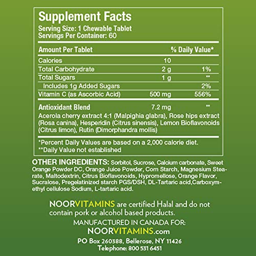 Noor Vitamins 500 Mg Halal Vitamin C Chewable Tablets + Rose Hips And Antioxidants I Supports Immune System I Vegan, Gluten Free & Halal Vitamin 60 Orange Flavored Chewable Tablets I 2 Month Supply #TOP1