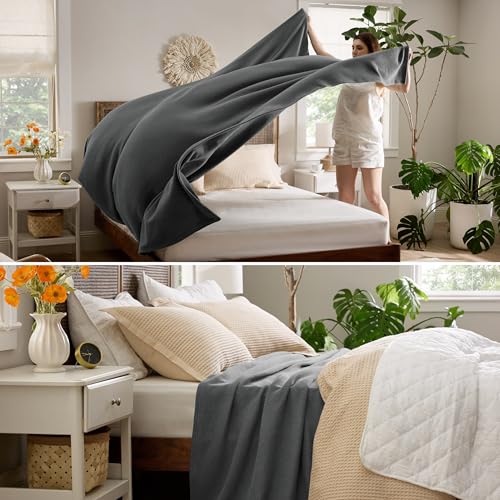 Image of Bedsure 100% Cotton Blanket, Herringbone Weave, Oversized King, Dark Grey