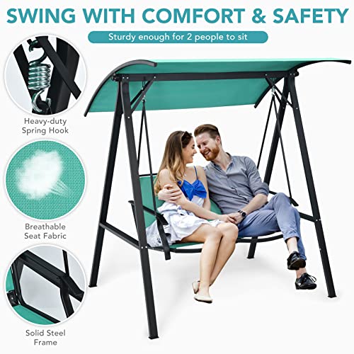 Image of Tangkula 2-Person Patio Swing, Weather Resistant Porch Swing with Adjustable Canopy, Steel Frame, Outdoor Modern Canopy Swing with Handrails, Suitable for Porch Garden Poolside (Green)