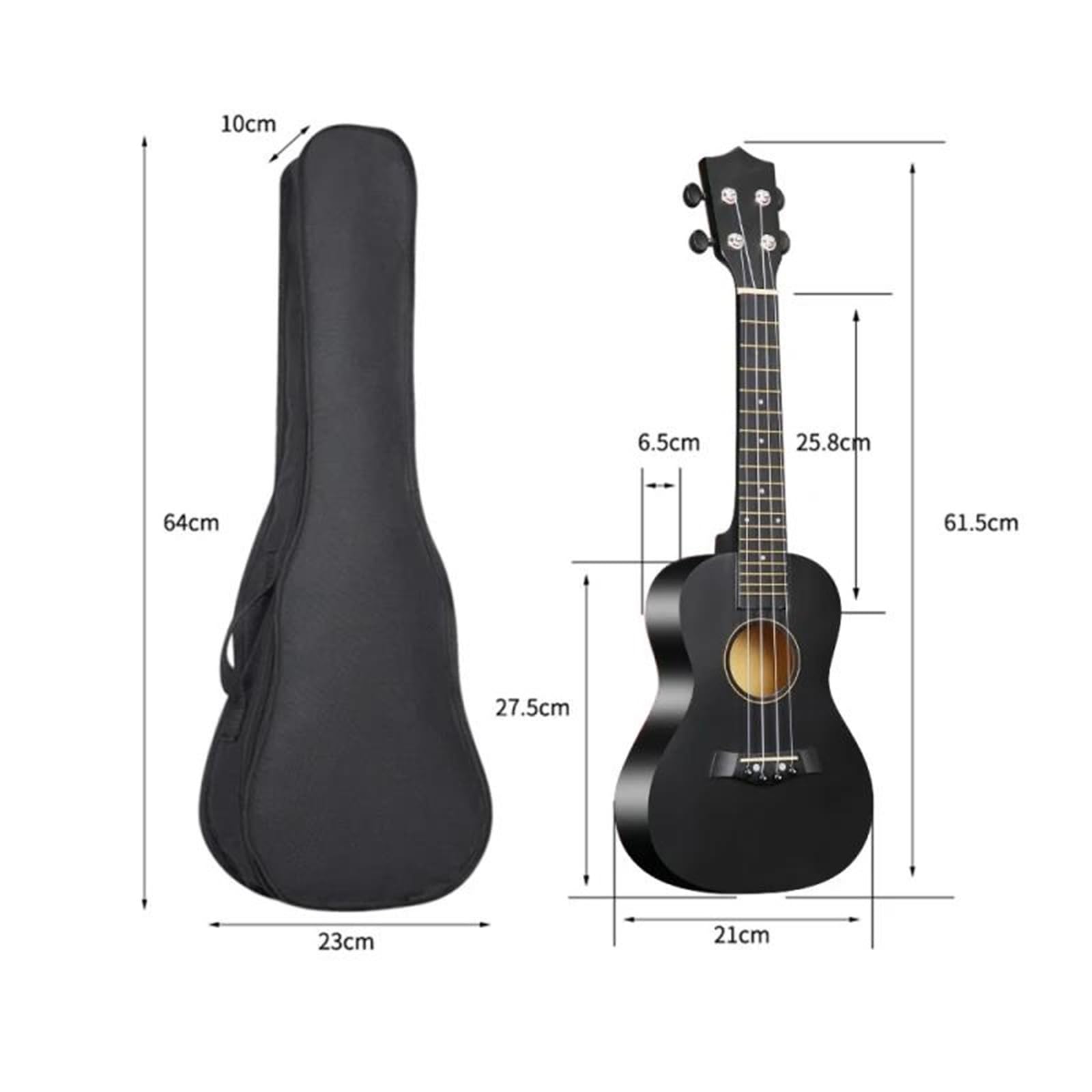 Ukulele 23 Zoll Akustik Ukulelen Set Mit Tasche Saiten Gurt Steg Nadel Kapodaster Plektrum Stimmgerät Komplett Aus Lindenholz Für Anfänger(Black)