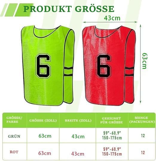 24 Stück Fußball Leibchen Herren Trainingsleibchen, 63 x 43 cm Team-Spiel Bibs für Jugend, Westen fürs Teamtraining für Erwachsene Football, Basketball, Volleyball (12 x Rot, 12 x Grün)