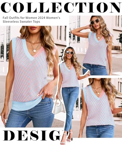 Image of MARZXIN Women Sleeveless Sweater V Neck Casual 2026 Fall Knitted Chevron V Neck Sweater Vest Color Block Pullover Sweater Top
