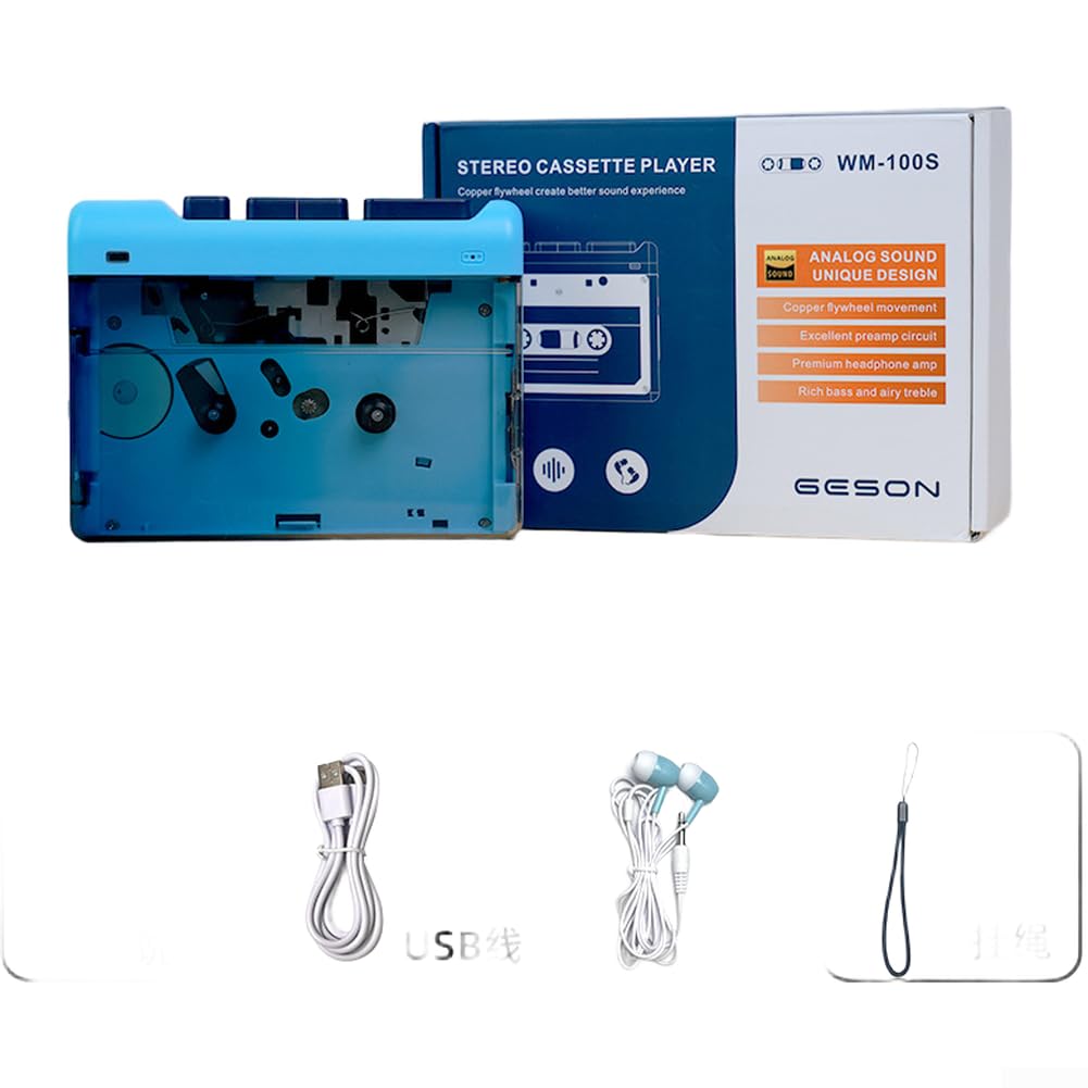 Kabelloser Retro-Kassettenspieler mit Konnektivität, sichtbarer Kupferschwungrad-Stereo-Recorder, AUX-in-Aufnahme, USB-C- oder AA-Batteriebetriebenes, tragbares Kassettendeck für