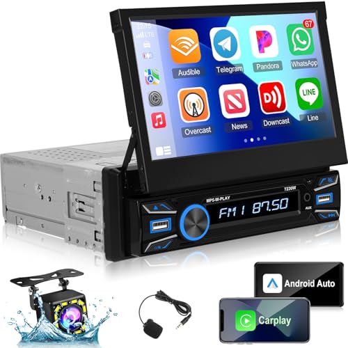 Radio 1 DIN con Pantalla Eléctrico con Carplay Inalámbricas y Android Auto - Radio Coche Pantalla Extraible de 7 Pulgadas con Enlace Espejo, Igualador, SWC, Entrada AUX/USB + Cámara de Marcha Atrás