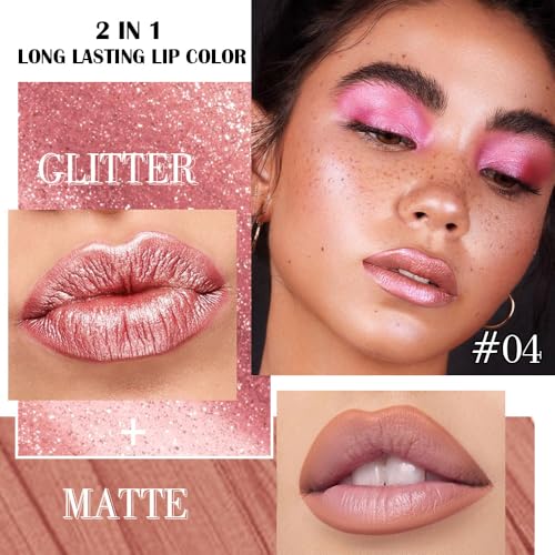 Image of Rose Gold Metallic Lip Liner and Lipstick Combo Lip Gloss Tints Stain Set Makeup for Women Long Lasting Waterproof 24, Light Pink Metallic Glitter Shimmer Iridescent Liquid Lipstick lippies Lip Gloss