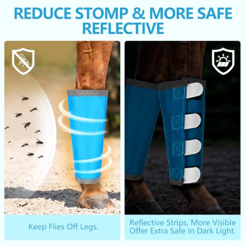 Image of Fly Boots for Horses Set of 4 with Reflective Vercros, Loose Fitting Mesh Horse Fly Boots Leggings, Adjustable Equine Leg Wraps & Socks, Stay Up Not Sag, No Rub