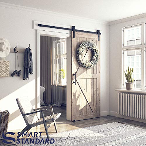 SMARTSTANDARD 6FT Sliding Barn Door Hardware Whole Kit (Include 6ft Track Kit & Pull Handle Set & Floor Guide), Smoothly and Quietly, Easy to Install, Fit 36" Wide Door Panel (J Shape) - Thumbnail 2