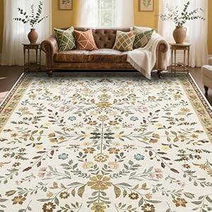 Floral Rugs for Living Room, Boho Washable Area Rugs for Bedroom, Non Slip Vintage Rugs for Dining Room Home Office, Soft Low Pile Floor Carpet for Home Decor, 180×270 cm, Beige/Harmony