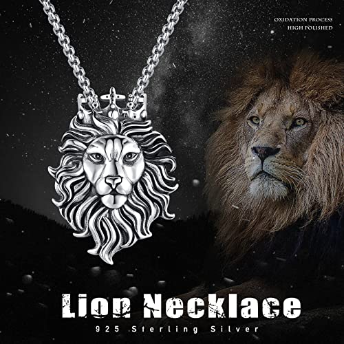925 Sterling Silver Lion Necklace For Men Women Lion Head Necklaces 3D Crown Lion King Animal Pendant Necklaces Retro Hip Hop Charm For Father Day Birthday Jewelry Gift For Girl Boy #TOP1