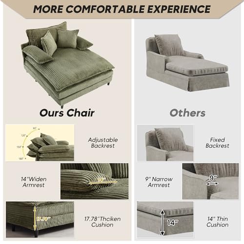 Image of Oversized Chaise Lounge Chair Indoor with 5-Position Adjustable Backrest, 54.8 inch Upholstered Corduroy Deep Seat Single Cloud Sofa Chair, Fluffy Modern Sleeper Couch Bed for Living Room, Green