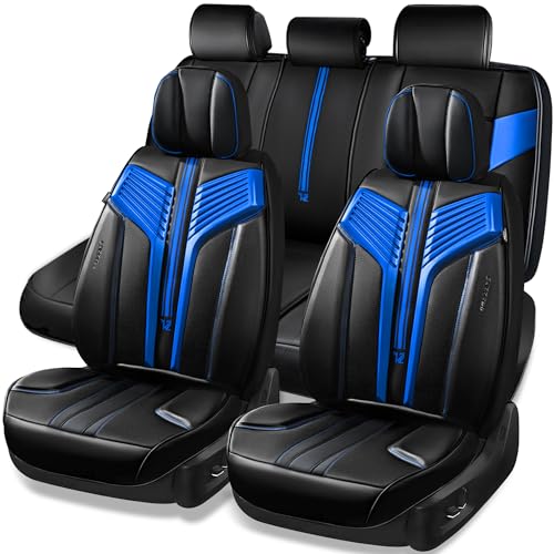 Image of CAR PASS Nappa Leather Seat Covers, Breathable Waterproof Car Seat Covers Full Set, Luxury Leather Front and Back Seats Full Coverage, Universal Fit SUV Pick-up Truck Sedan Automotive(Black Blue)