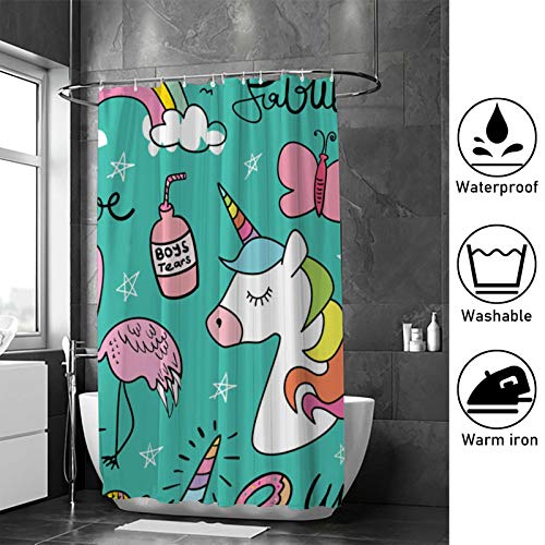 Rideau de douche polyester lavable avec crochets imprimé flamant rose vert