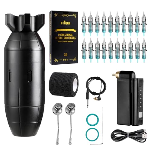 STIGMA Rotary Tattoo Machine Short Pen CNC Carved Coreless Germany Motor with 2 Stroke Cam 0~4mm Tattoo Battery 20pcs Tattoo Cartridge Needles EM146KITP199-7