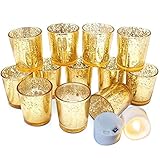 ZDodo Gold Votive Candle Holder, Set of 12 - Bulk, Mercury Glass Finish Holders for Wedding Decorations, Home Décor, Table Centrepiece with 13 Battery Operated Bulb Flameless LED Tealight