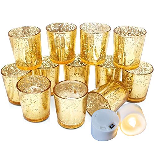 Gold Votive Candle Holder, Set of 12 – Bulk, Mercury Glass Finish Holders for Wedding Decorations, Home Décor, Table Centrepiece with 13 Battery Operated Bulb Flameless LED Tealight