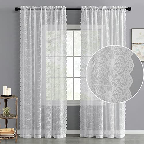 Kotile White Lace Curtains 54 Inch Length For Small Window, Embroidery Vine Floral Vintage Lace Curtains 2 Panels Set, Rod Pocket Privacy Sheer Lace Window Curtains, 52 X 54 Inch, 1 Pair, White #TOP1