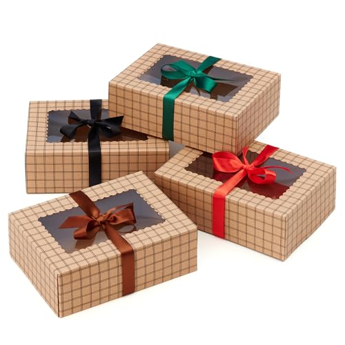 Brown Kraft Cookie Boxes with Ribbons & Window (20 Pack) 8.3 x 6 x 2.8” Food Grade Cardboard Bakery Gift Boxes for Christmas Gift Giving, Baked Goods, Candy Treats, Decorative Holiday Packaging, Empty