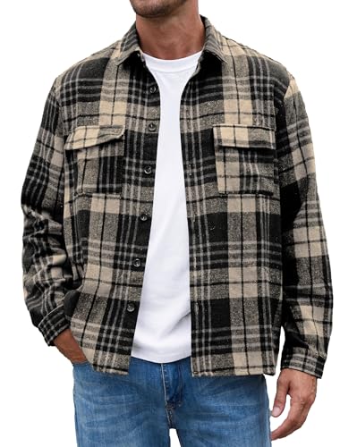 Anelune Flanellhemd Herren Langarm Kariert Flanellhemden bügelfrei Casual Button Down Freizeithemd Mit Brusttasche Normal Passform Khaki Schwarz