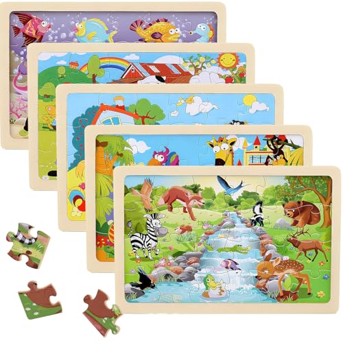 KELAV Puzzle Enfant 3 Ans 5 X 24 Pièces,Puzzle Bois Animaux à Partir,Jouet Educatif Préscolaire,Jouets éducatifs,Jouets Cadeaux pour Enfants de 3 à 8 Ans Garçons Filles