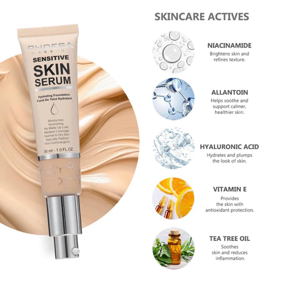 PHOERA Hydrating Serum Foundation, Hyaluronic Acid, Niacinamide, Tea Tree Oil & Vitamin E, Medium Coverage - Image 3