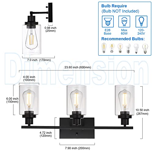 MELUCEE Bathroom Vanity Light Fixtures 3 Lights Wall Sconce Black with Clear Glass Shade for Bedroom Living Room Hallway Kitchen