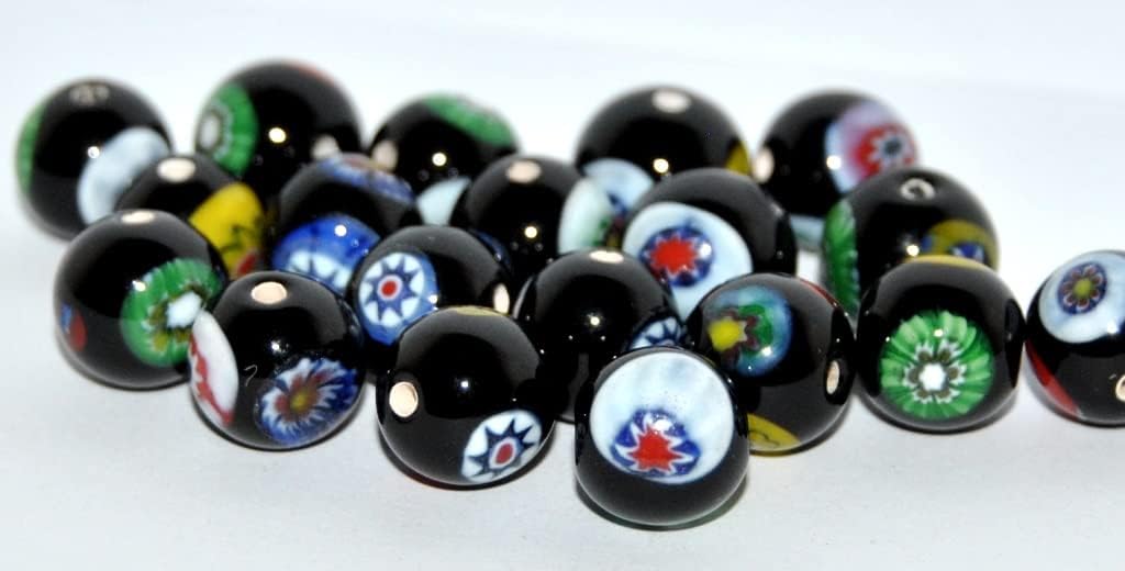 10 pcs Czech Glass Hand Made Round Lampwork Beads with Flower, (10 C), Glass, Czech Republic, Size 10 mm (0.39 in)
