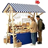 Puesto de Mercado Plegable de Madera con toldo Carrito Expositor portátil para ferias de artesanía, mercadillos y Eventos Pop-up(Blue,150x60x200cm/59x24x79in)