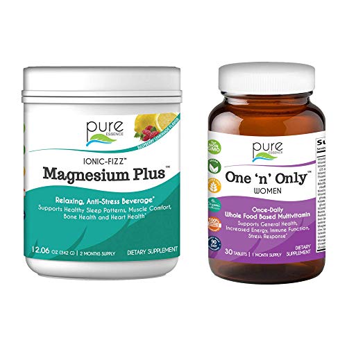 Pure Essence Labs Ionic Fizz Magnesium Plus + One N Only Women's Multivitamin Bundle | Sleep Aid / Natural Anti-Stress Powder, Raspberry Lemonade | One a Day Herbal Capsule | Two Month Supply