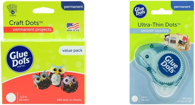 Glue Dots-8961 1/2" School 600pc Craft Value Pack, 1/2 Inch, Clear & Dot N' Go Dispenser with 300 (.375'') Permanent Adhesive Ultra-Thin Dots, Clear (04018)