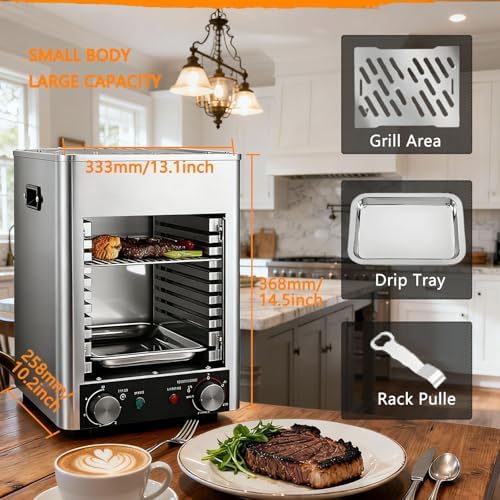 1700W Indoor Electric Steak Grill - Smokeless Automatic Broiler, Stainless Steel, 10-Tier Adjustable Rack for BBQ, Toasting & Grilling with 10 Slots - Commercial Quality