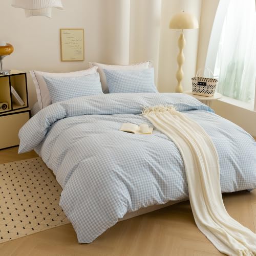 Image of ECOCOTT Gingham Duvet Cover Bedding Set 100% Washed Cotton Linen Like King