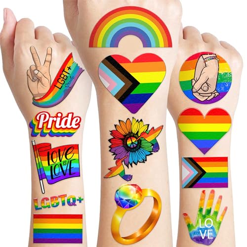 96 PCS LGBT Rainbow Flag Pride Pre-Cut Temporary Tattoos Sticker Pride Month Gay Birthday Party Decorations Favors Supplies Gifts Boys Girls Men Woman Cute Fake Tattoo School Reward Themed Festival