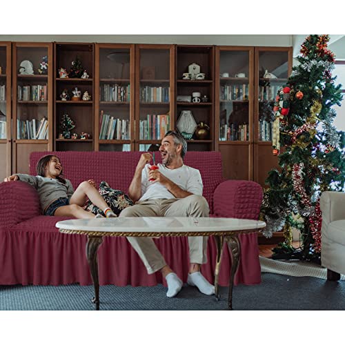 Niceec Sofa Slipcover Red Sofa Cover 1 Piece Easy Fitted Sofa Couch Cover Universal High Stretch Durable Furniture Protector With Skirt Country Style (3 Seater Wine Red), Large #TOP5