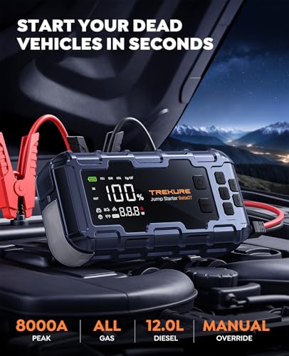 TREKURE 10-in-1 Car Battery Jump Starter Box with Jump Cables & Gloves for All Gas & 12L Diesel, 8000A Portable Battery Charger with Air Compressor, 160PSI, PD45W Charging