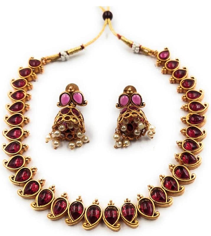 V FASHION JEWELLERYGold Plated Maroon Necklace Set For Women And Girls