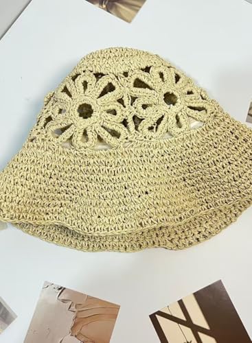 Sombrero de paja tejido a mano para mujer, estilo bucket miniatura 4