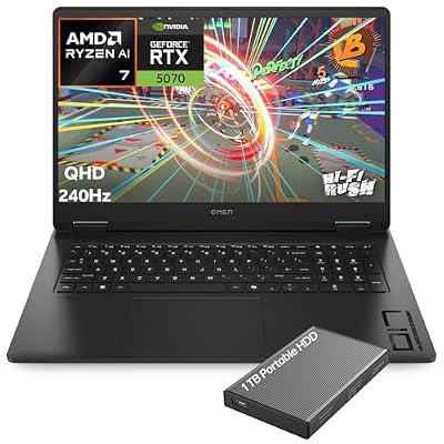 HP OMEN Gaming Laptop, 17.3" 2K QHD Display 240Hz, AMD Ryzen AI 7 350, NVIDIA GeForce RTX 5070 8GB GDDR7, 64GB DDR5 RAM, 2TB SSD, Wi-Fi 6E, RGB Backlit, HyperX Speakers, Win 11, w/1TB Portable HDD