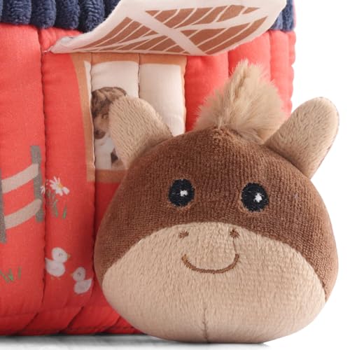 Image of Bonfino Premium Barn House Playset with Carry Handle for Kids, 7 Plush Animal Figurines, Educational Montessori Learning Toy for Toddlers, Soft Pretend Play Set, Birthday Gift for Boys & Girls