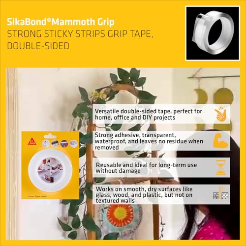 Image of SIKA - Pack of 2 Double Sided Tape - Sikabond Mammoth Grip IN - Multipurpose Removable Traceless Mounting Adhesive Tape for Walls /Home /Office - Strong Sticky Strips Grip Tape - Transparent 15mmx3m