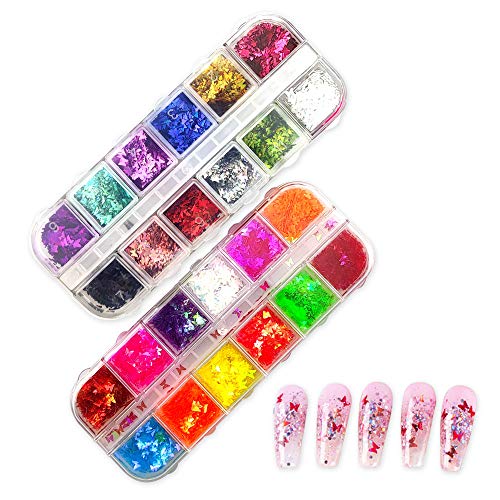 3D Holographic Butterfly Nail Glitter 24 Colors/Set Splarkly Nail Sequins Flakes Colorful Confetti Glitter, Acrylic Paillettes for Nail Art Decoration & DIY Crafting.