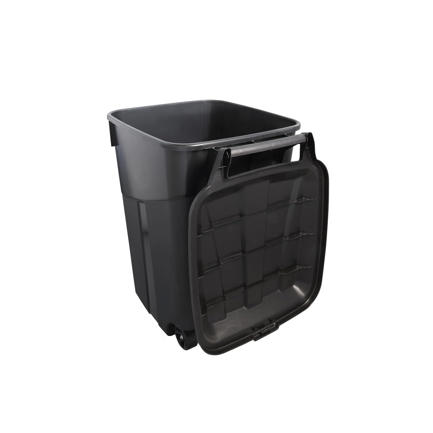 Large Capacity 45 Gallon Wheeled Garbage Can with Attached Lid, Heavy Duty Plastic, Black