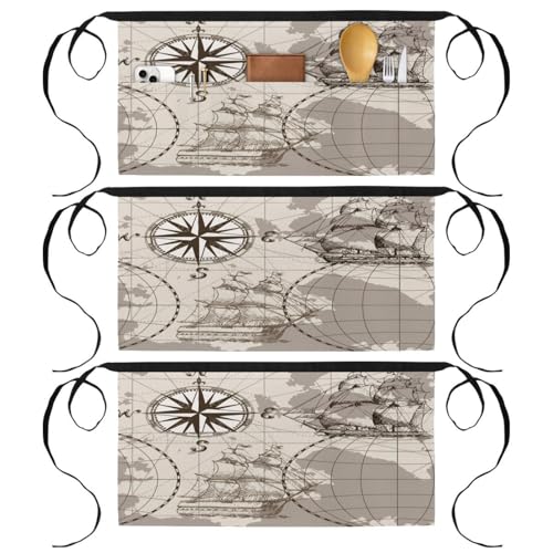Lot de tabliers courts de chef 3 poches boussole multicolore 60x30,5cm