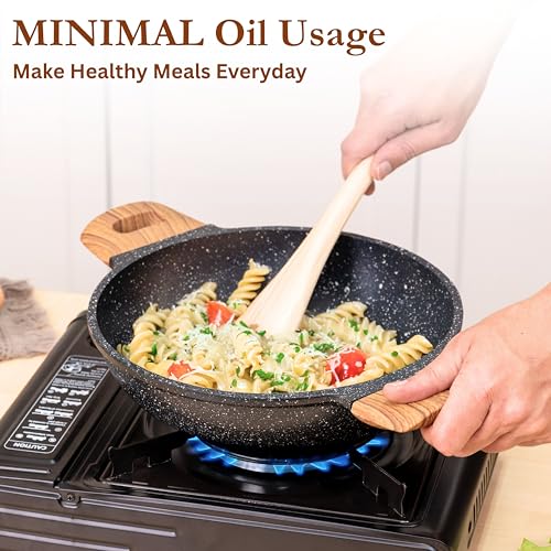 Image of Kreme CeraStone Ultra Granite Nonstick Cookware Set 5 Pieces, Frying Pan 1.7L, Kadai 2.5L, Glass Lid and Wooden Cooking Spoons, PFOA Free, Induction Compatible, Made in India, Black