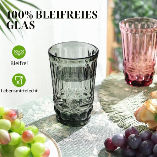 Joeyan Vintage Grau Trinkgläser 4er-Set,330ml Bunt Wassergläser mit Relief – Ansicht 6
