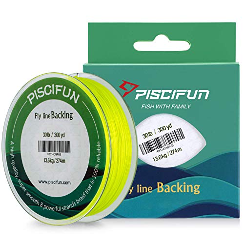 Piscifun Línea de pesca, hilo trenzado para pesca con mosca, 9 y 13,60 kg, 91,44 y 274,32 m, color amarillo fluorescente, blanco y naranja, Amarillo fluorescente