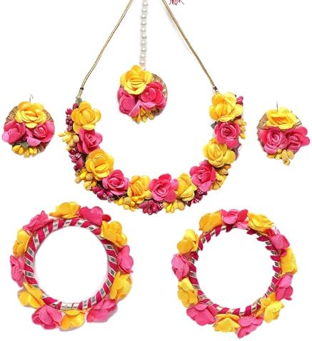 ZENEME Handmade Floral Jewellery Set for Women & Girls | Handcrafted Flower with Gungroo & Pearls Necklace Set with Earrings, Maang Tikka & Pair of Hathphool | Mehendi, Haldi, Wedding & Bridal Jewallery